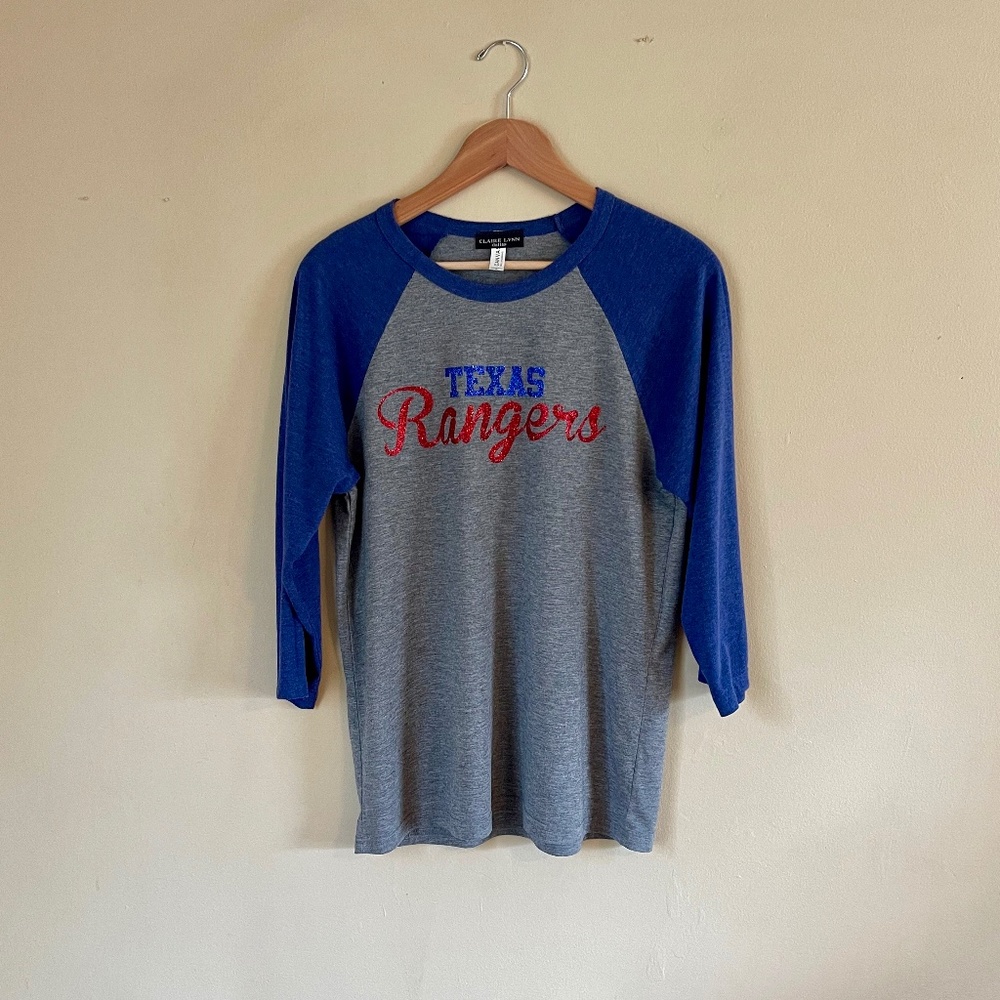 Texas Rangers Raglan T-shirt by Bella + CANVAS, Medium, grey/blue/glitter
